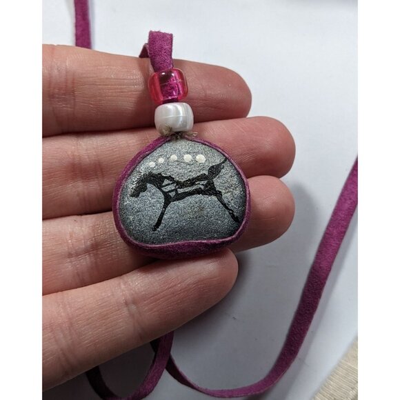 Native Hand Painted Mustang Rock Pendant Necklace With Purple Suede Cord - Picture 3 of 8